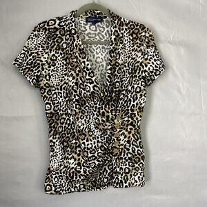 Jones New York Top M SS Animal Print Cheeta Faux Wrap Blouse Stretch Casual Knit
